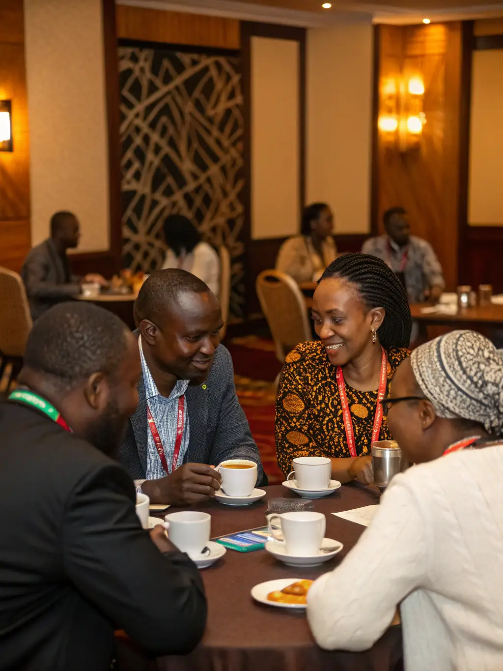 A candid shot of attendees networking during a coffee break at the 'Creative Tech Conference' in Cape Town, South Africa. People are smiling and engaged in conversation.
