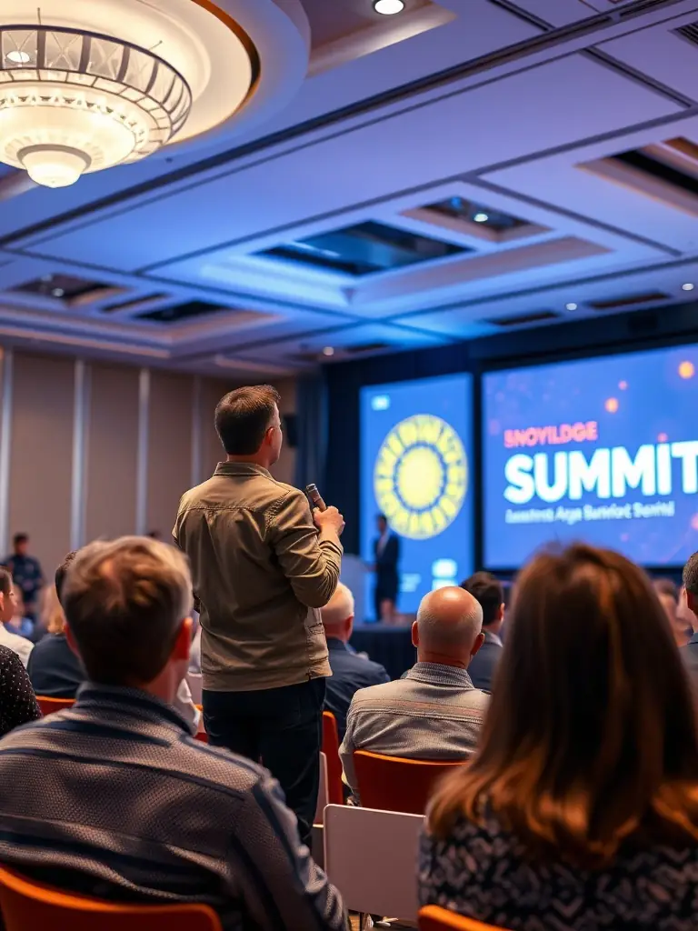 A photograph capturing a keynote speaker passionately addressing a large audience at the 'Design Innovation Summit' in Johannesburg, South Africa. The stage is brightly lit, and the audience is actively engaged.