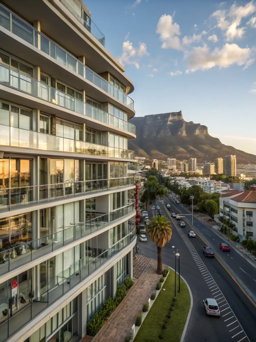 A wide shot of the Cape Town International Convention Centre, showcasing its modern architecture and waterfront location. The image should convey the prestige and sophistication of the venue.
