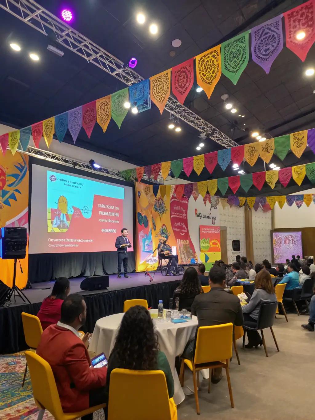 A photograph of the Sandton Convention Centre in Johannesburg, South Africa, bustling with attendees during a design conference. The image should capture the energy and excitement of the event, with clear signage and branding.